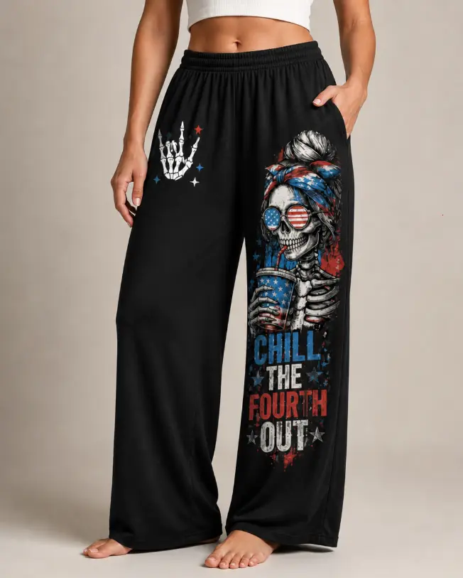 4th of July Pants, Patriotic Skeleton Pajama Pants, Wide Leg Lounge Pants, Funny America Independence Day Outfit, Chill The Fourth Out Graphic Pants