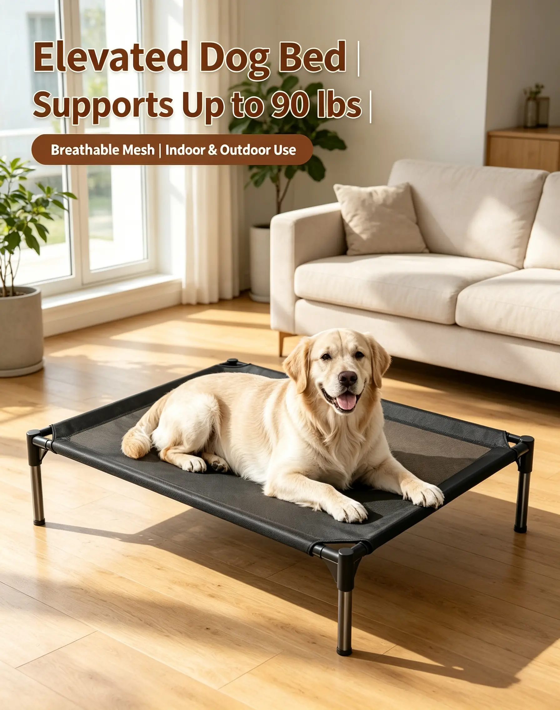 Large Breed Raised Dog Cot Bed, Extra Large Elevated Pet Bed with Detachable Washable Teslin Mesh, Sturdy Heavy Duty Frame Portable Breathable Dog Bed for Backyard Home & Travel durable machine wash