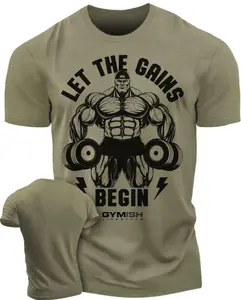 White Let The Gains Begin Workout Crossfit T-Shirt for Men - Weightlifting Funny Gym Tshirt - Deadlift Biceps Bench Press Squat