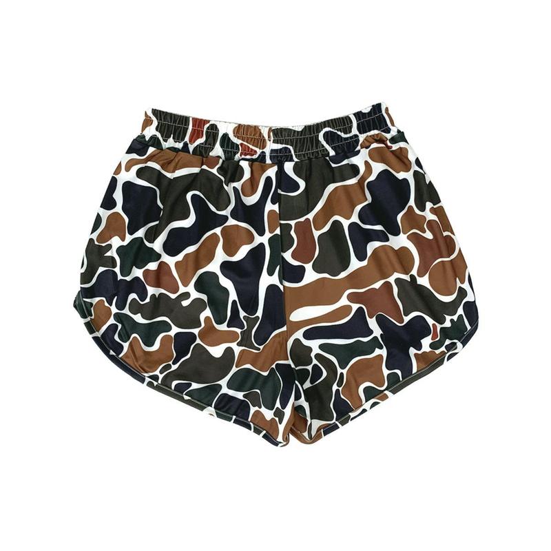 Viral Women's Camo Fitted Micro Shorts - Breathable Machine Washable Chic & Modern Versatile Summer Knit Fabric Bottoms with Vibrant Camouflage Pattern