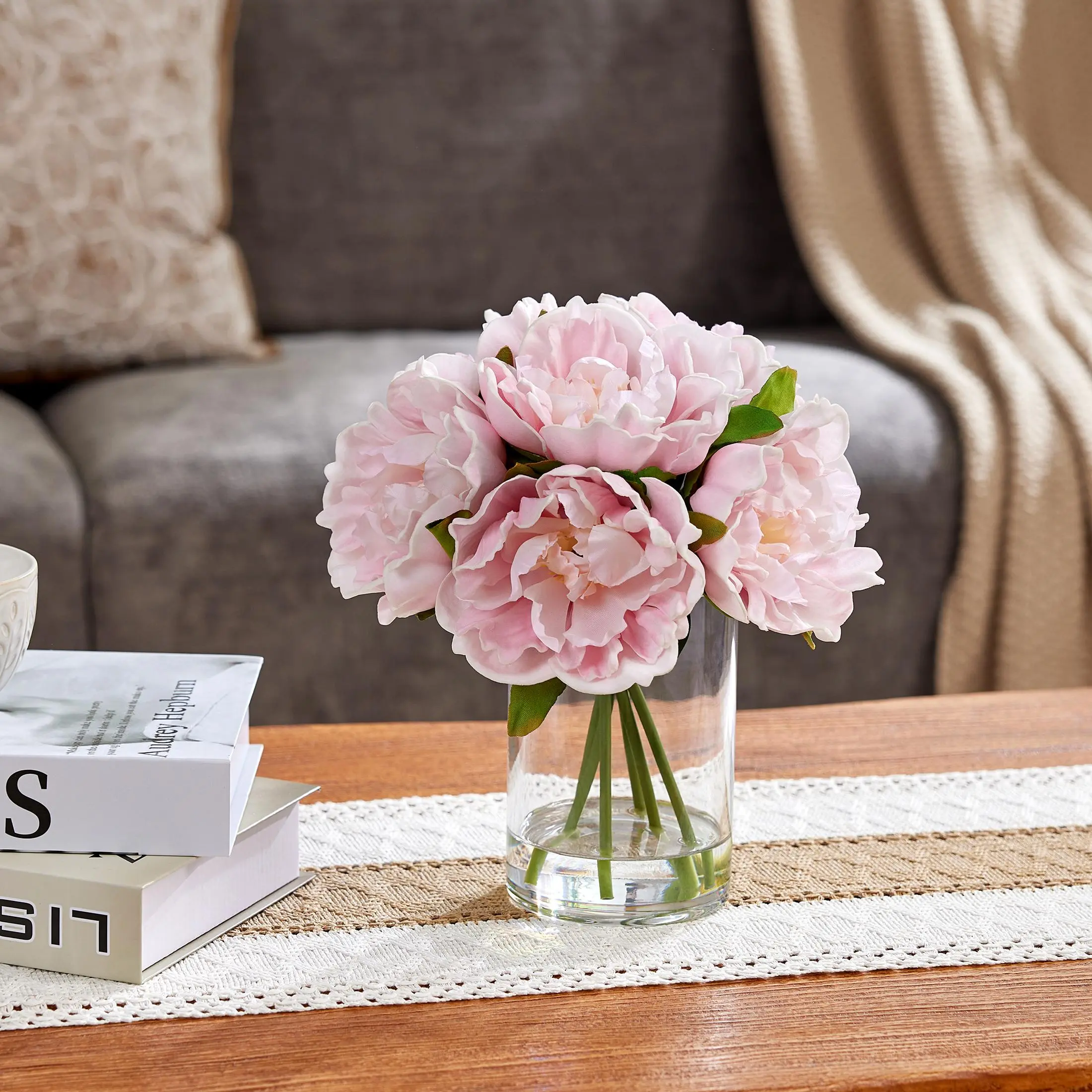 DR.Planzen 10.6in Silk Artificial Peony Bouquet in Glass Vase with Faux Water, 6 Stems Floral Decor for Home & Office Table Centerpiece (Pink/Red/White Artificial Pink Flower Arrangement)
