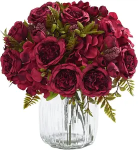 Burgundy Artificial Peonies Bouquet - 4 Packs Decorative Silk Fake Peonies for Centerpieces, Home Decoration