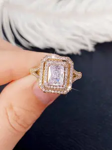 Wedding Jewelry, ELegant Square Stone Engagement Ring For Women, Yellow Gold Tone Copper Daily Wear, Birthday Gift, Valentine Day, Christmas Party, Mother's Day