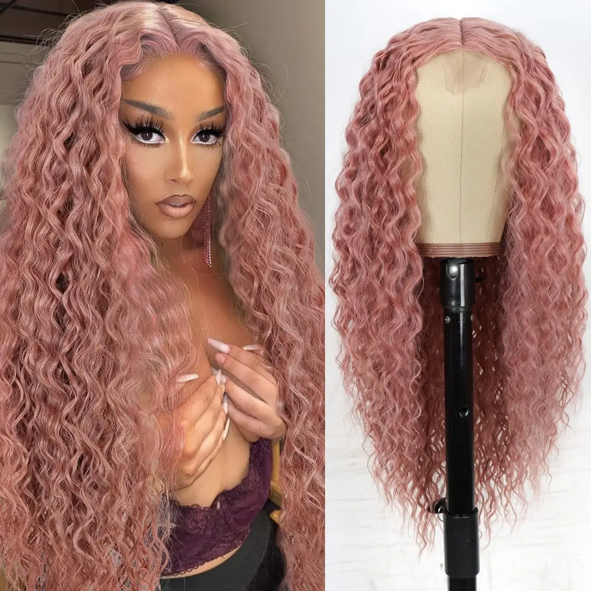 Long Pink Wig for Women 26 Inch Curly Wig Middle Part Synthetic Heat Resistant Fiber Party Wigs Daily Use Colorful Wigs