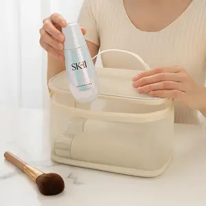 Make Up Bag - Machine Washable Cosmetic Storage Container with Clear Mesh Pocket and Gold Zipper Closure