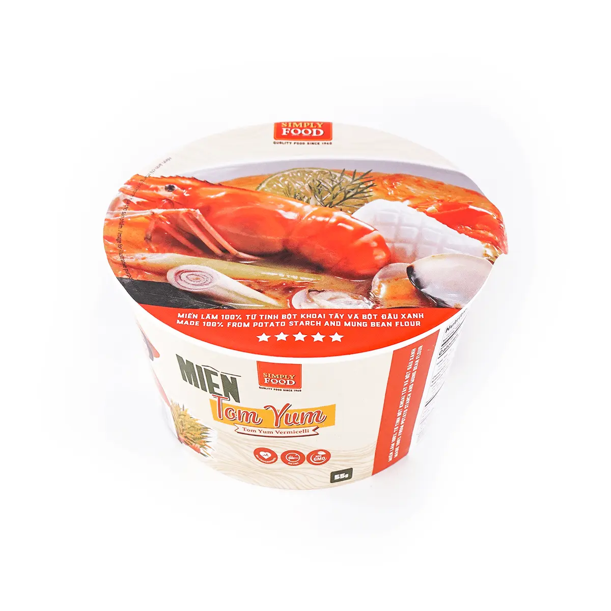 SIMPLY FOOD Tom Yum Flavor Instant Rice Noodle Soup Bowl, 55g - Authentic Vietnamese Taste