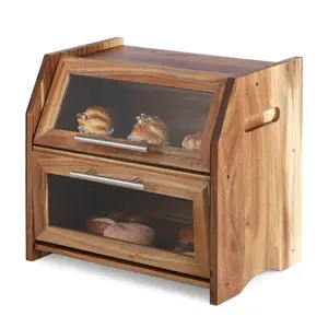 Large acacia wood bread box for aesthetic kitchen counters, 2 tier farmhouse bread storage with clear window, rustic pantry organizer for loaves, bagels and snacks, natural finish countertop food shelf