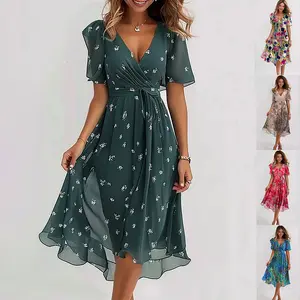 Chiffon Printed Short Sleeve Dress Summer Elegant V-Neck Dresses
