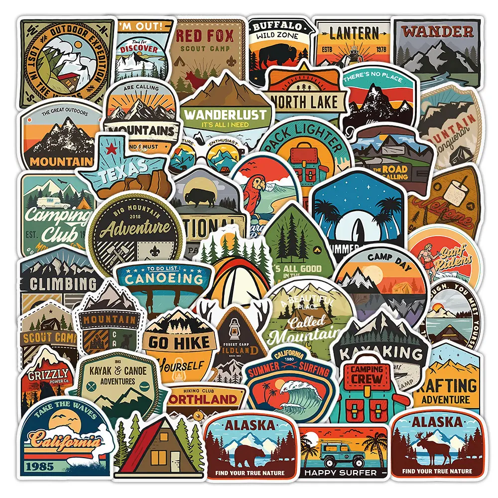 50 Sheets Vintage Outdoor Adventure Stickers, Retro Camping Hiking Decals for Luggage Laptop Skateboard
