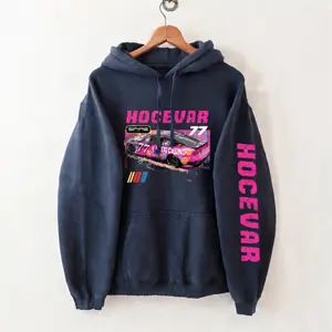 Hocevar Racing Hoodie, Vintage Race Car Graphic Pullover, Motorsport Streetwear Hoodie for Men Women, Retro Racing Sweatshirt, Bold Pink Graphic Car Hoodie, Casual Cotton Blend Automotive Apparel