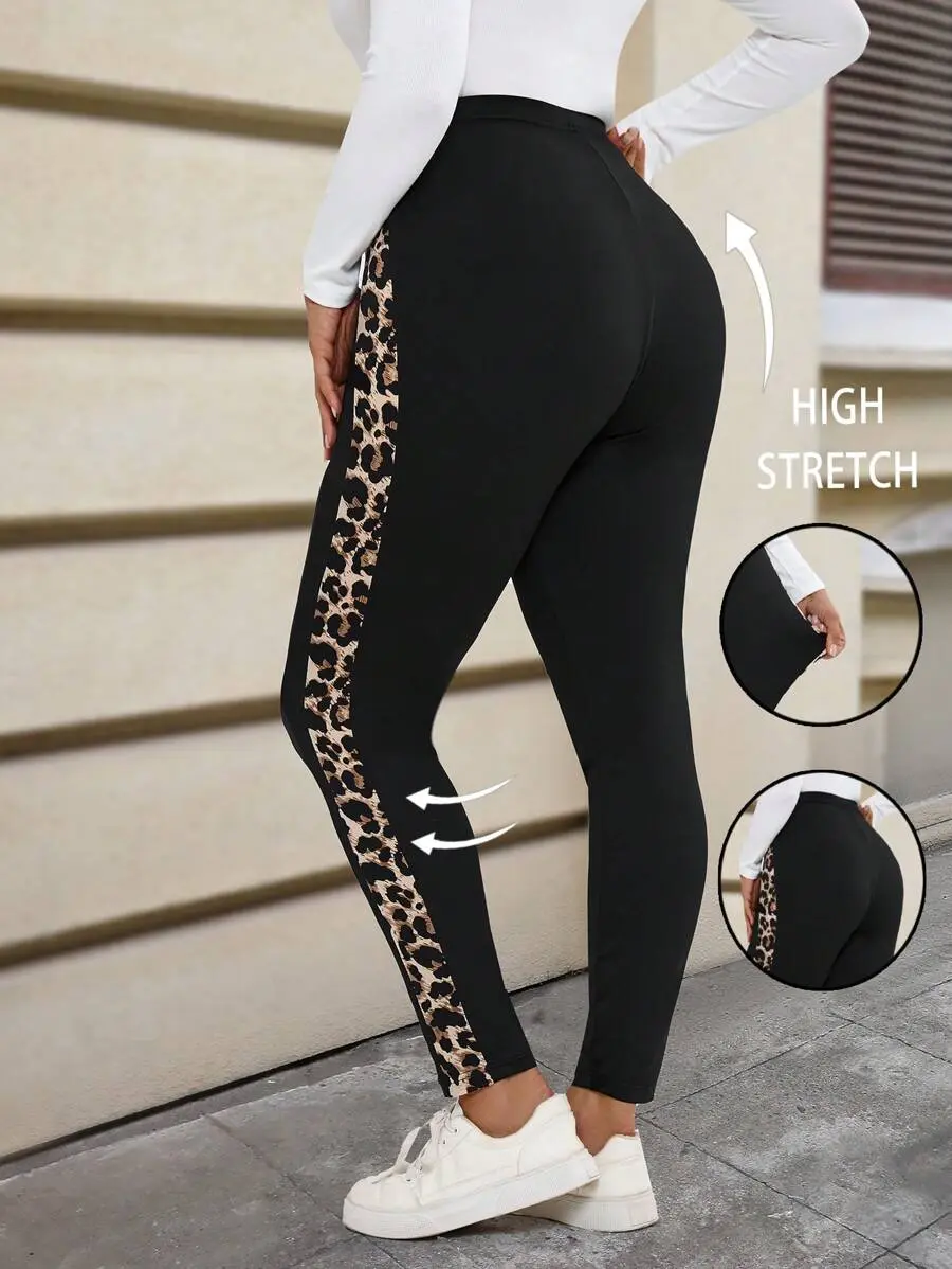 LUNA LAYER Plus Size Women's Leopard Print Patchwork Stretch Leggings Black