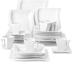 Ivory White Dinnerware Sets, 30-Piece Porcelain Plates and Bowls Sets, Modern Dish Set for 6, Square Plates Dinnerware Set Kitchen Dishware Sets, Microwave and Dishwasher Safe