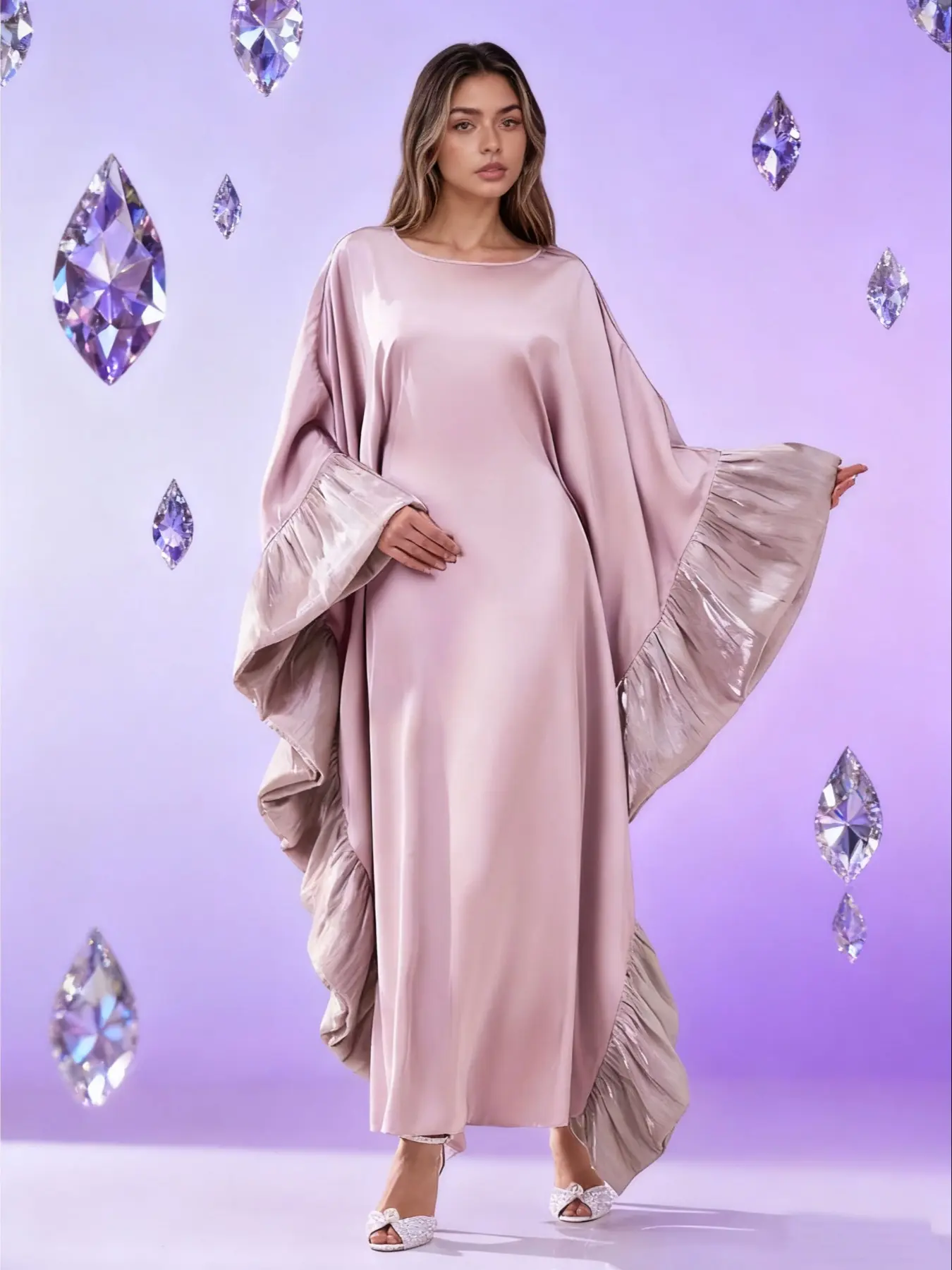 Women's Patchwork Woven Long Sleeve Arabian Dress Robe, Modest Round Neck Basic Style Long Dress for Party Wedding Guest Dresses, Ladies Islamic Clothing for All Seasons Womenswear