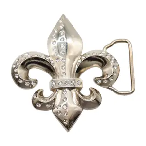 Western Fashion Silver Metal Belt Buckle with Fleur De Lis Lily Flower Design & Rhinestones for Men Women 4" x 3 1/2"