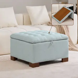 Soft Padded Fabric Square Storage Ottoman with Wooden Tray - Modern Tufted Button Footstool Coffee Table for Living Room, Bedroom, Soft Padded Footstool