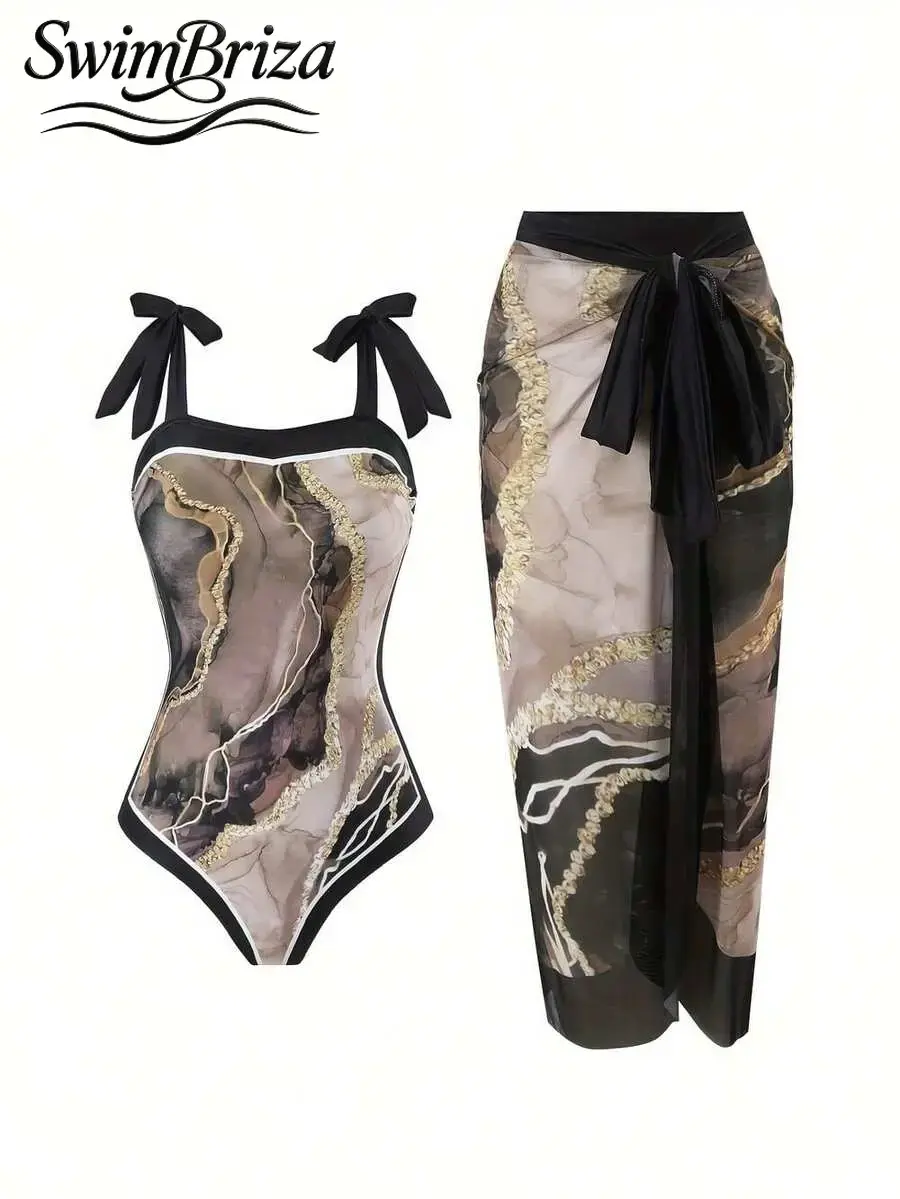 Briza｜Tie Shoulder One Piece Swimsuit In Black Gold Marble Print With Sheer Sarong, Bathing Suit Women Set And Swimsuit Cover Up For Women Made For Vacation Swimwear For Women, Tummy Control Swimwear And Swim Sets For Women