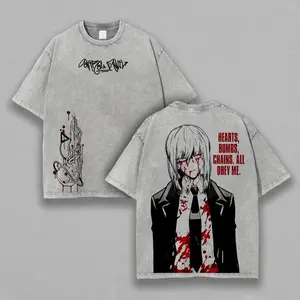 Menswear Chainsaw Man Makima Printed Unisex Short-Sleeve Washed Distressed Casual Festive T-Shirt B21