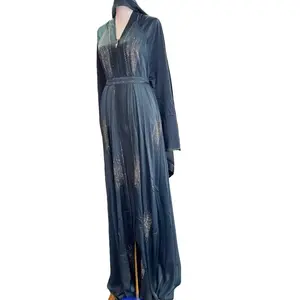 Crystal Dubai Abaya - Vibrant Blue Design with Intricate Embroidery, Long Sleeves, and Waist Tie for Versatile Wear