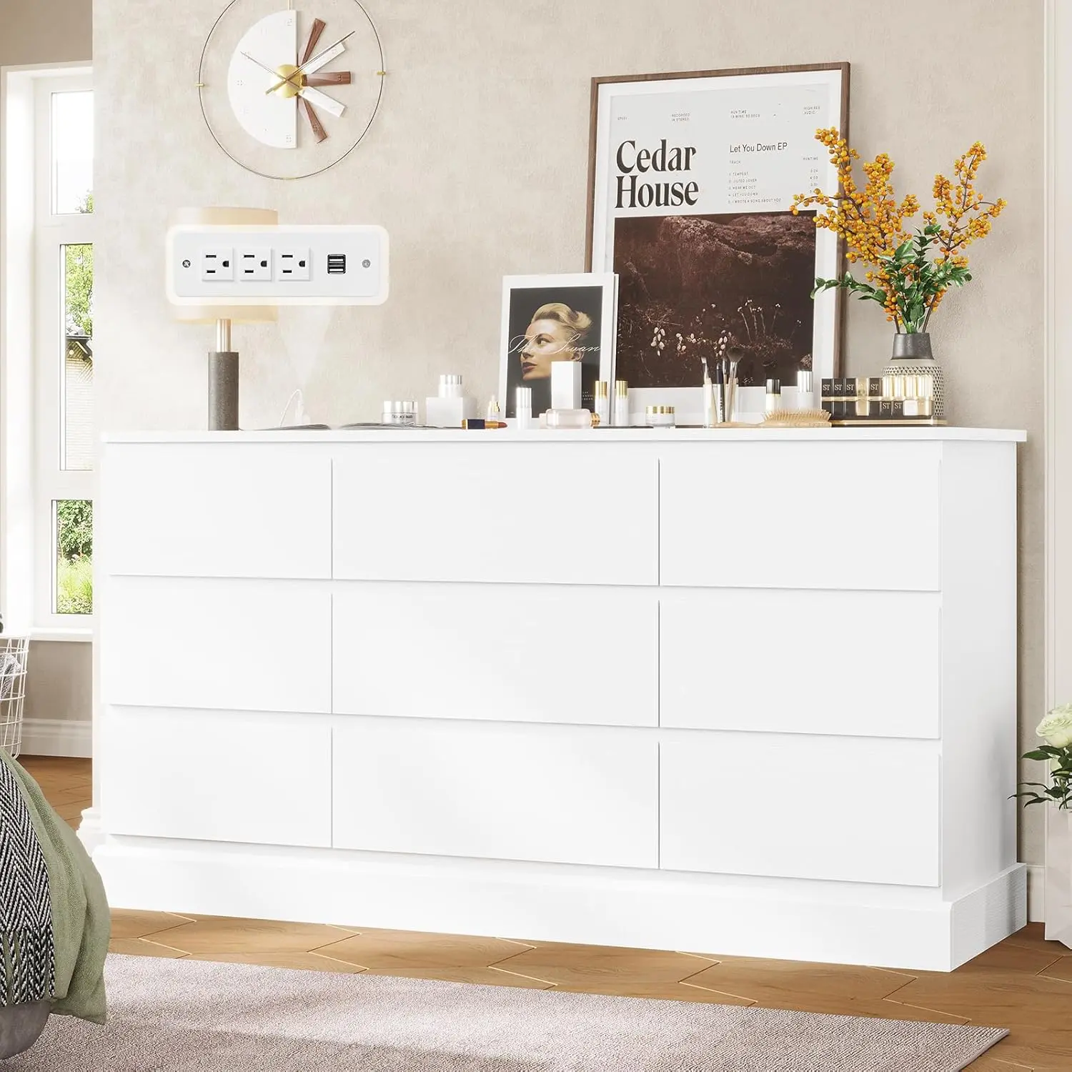 Hasuit Modern Dresser for Bedroom with 9 Drawers, 61.4"Wide Dressers Chest of Drawer with Large Capacity Storage, Long Dresser TV Stand with Power Outlets, Sturdy Storage Cabinet for Living Room