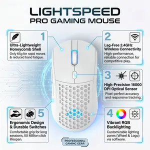Lightspeed Pro Wireless Gaming Mouse | 65 g ultra-light honeycomb shell, 16,000 DPI, 2.4 GHz lag-free connectivity, ergonomic gaming mouse with RGB backlighting for PC gamers