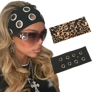 2 Piece Metal Eyelets Hollow Out Headband Set Elastic Wide Hairbands Harajuku Y2K Style Headwear Hair Accessories for Women Girls Streetwear Styling