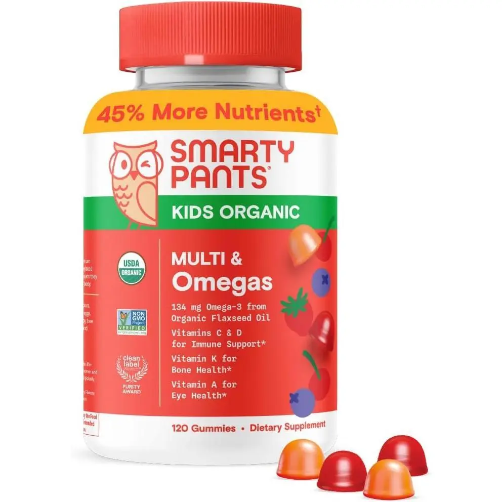 SmartyPants Organic Kids Multivitamin Gummies: Omega 3 (ALA), Vitamin D3, C, Vitamin B12, B6, A, K & Zinc for Immune Support, Biotin, Vegetarian, Three Fruit Flavors, 120 Count (30 Day Supply)