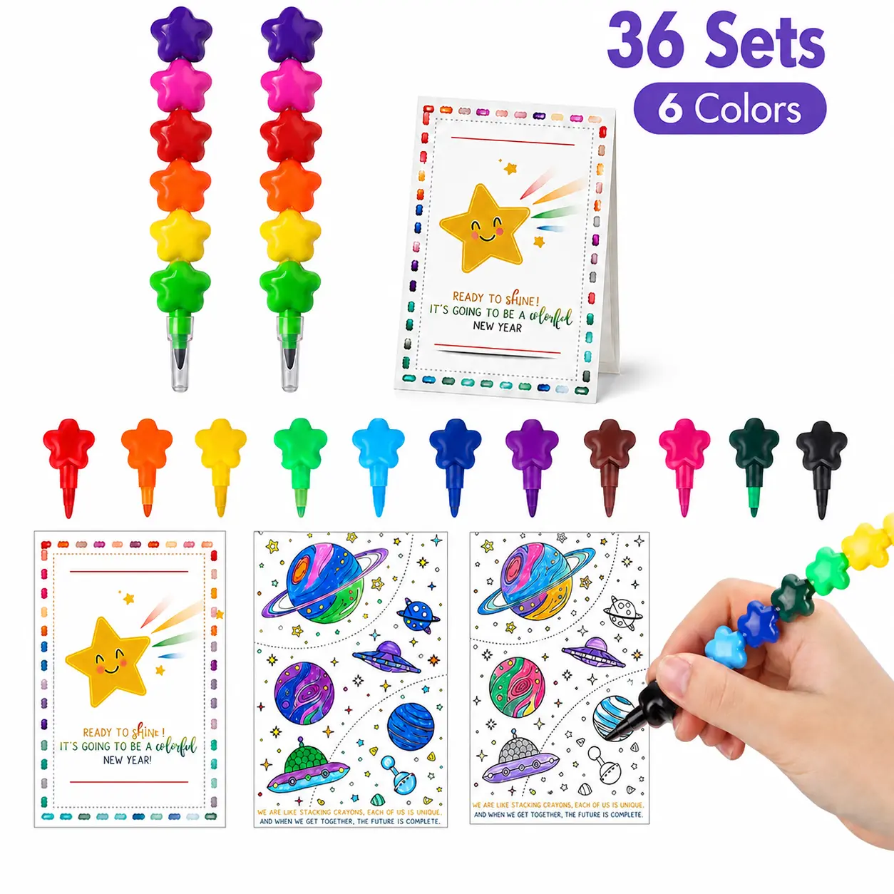 Back to School Gifts Stackable Crayons with Gift Card Double Sided Coloring Postcard Gifts Bulk, 24/36 Sets Rainbow Stacking Crayons for Preschool Elementary Kindergarten Student Teacher, Drawing Painting kit for First Day of School Classroom Reward Gift