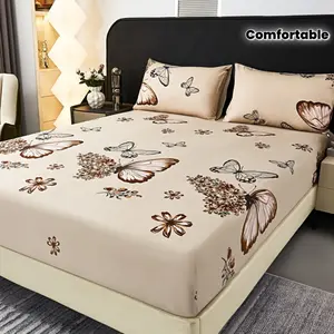 Butterfly Floral Printed Bed Sheet Set, Designed with a Strong Sense of Style, Made with Brushed Fabric for Comfort and Skin-Friendliness, Featuring Reactive Dyeing That Doesn't Fade and Is Shrink-Resistant, 1 Fitted Sheet + 2 Pillowcases