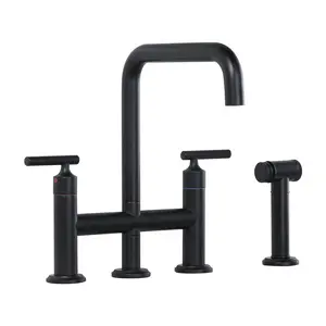 WOWOW Double Handle Brass Bridge Kitchen Faucet, Deck Mount Kitchen Sink Faucet with Side Sprayer in Matte Black