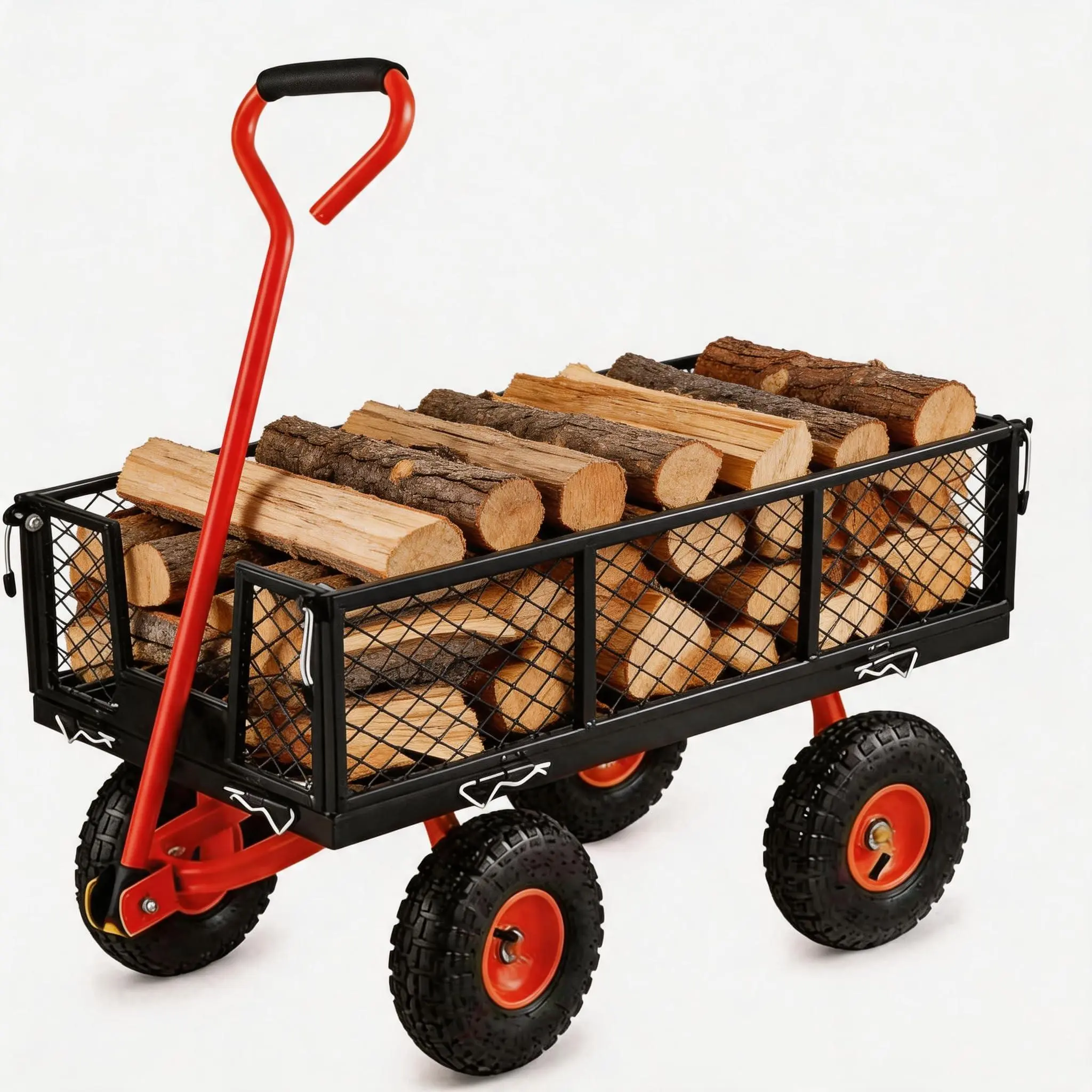 Steel Garden Cart Wagon 500 LBS, Wheelbarrow Yard Cart with 10 Inch All-Terrain Tires and Removable Mesh Sides, 3-in-1 Utility Wagon for Gardening Soil Tools Plants Transport, Black and Red
