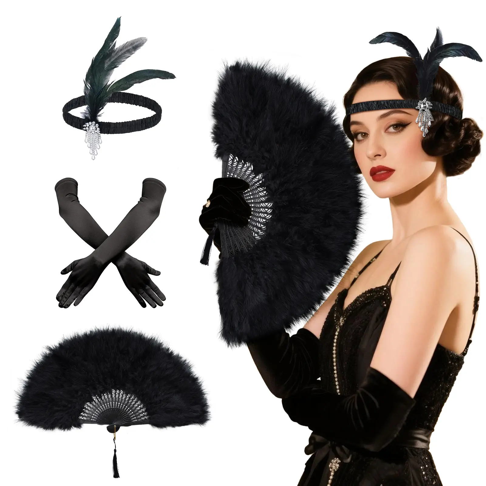 2/3 Packs 1920s Flapper Accessories for Women - Party Costume Accessory Feather Fan, Headband & Gloves Aesthetic Set for Vintage Wedding Dancing Cosplay Costume Great Gatsby Accessories Lady (Black)