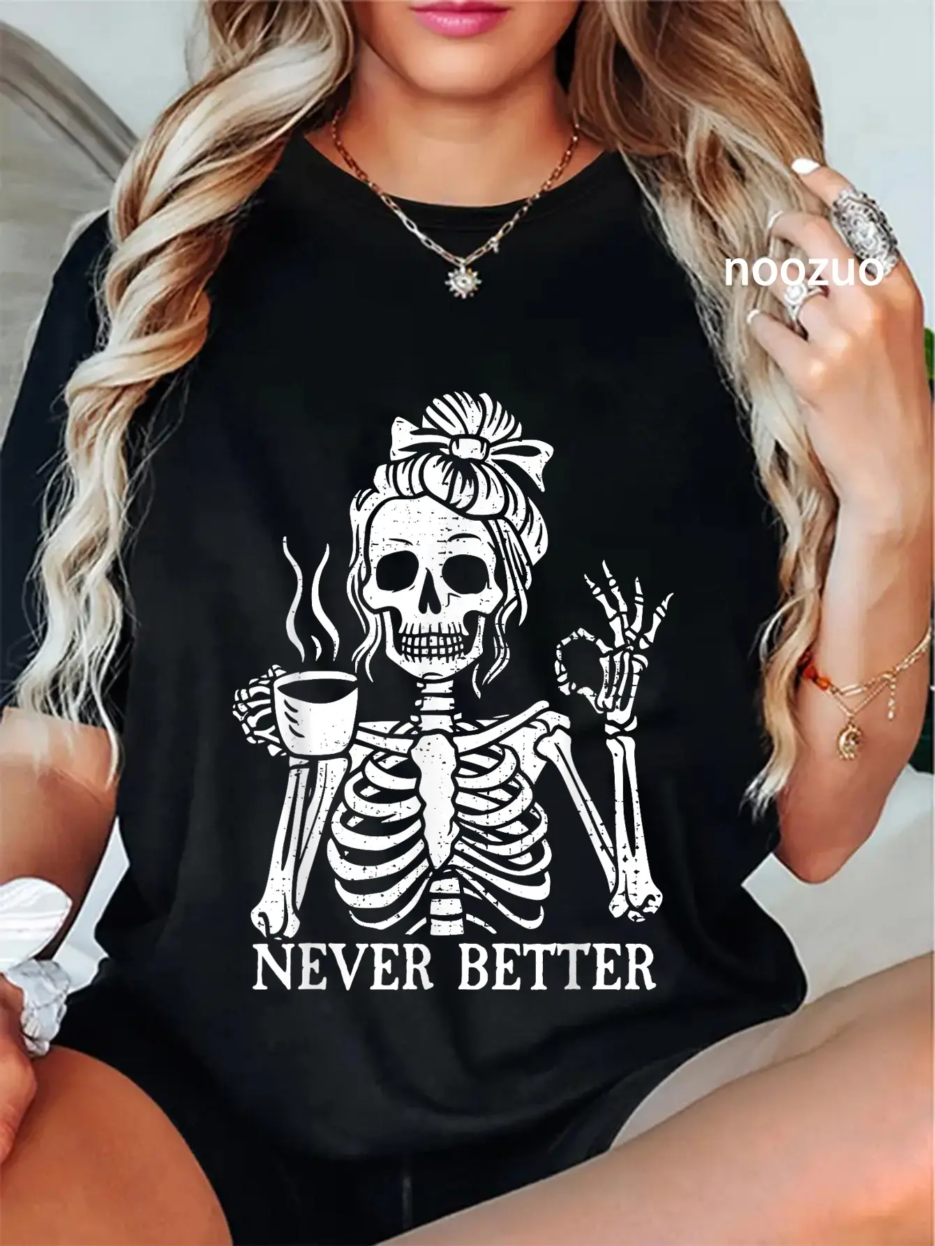 Women's Skeleton Graphic T-Shirt - Vintage "Never Better" Print 100% Cotton Short Sleeve Casual Everyday Tee, Shortsleeve, Tshirt, Streetwear, Alternative Style, Lady, Casual Fit, Distressed Edge, Round Neck, Funny Quote, Graphic Print