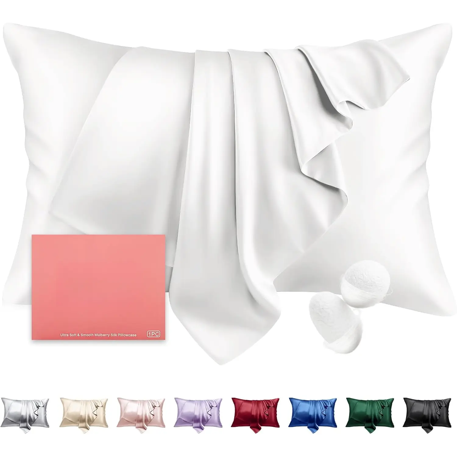 Silk Pillow Cases Standard Size Mulberry Silk Pillowcase for Hair &  22 Momme 26 x 20 Inches Both Sided Highest Grade 6A Silk Soft Breathable Cooling with  Zipper 1 count, White
