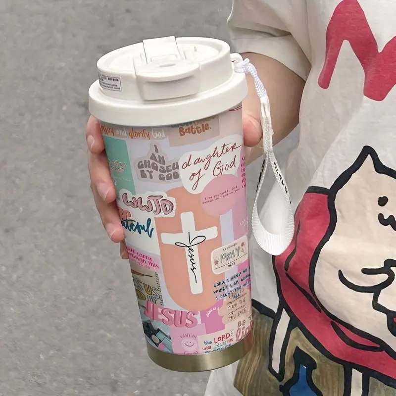 Cute Religious Cross Coffee Cup, 530ML Insulated Travel Mug with Straw and Lid, Leak-Proof Handle, Suitable for Hot/cold Drinks