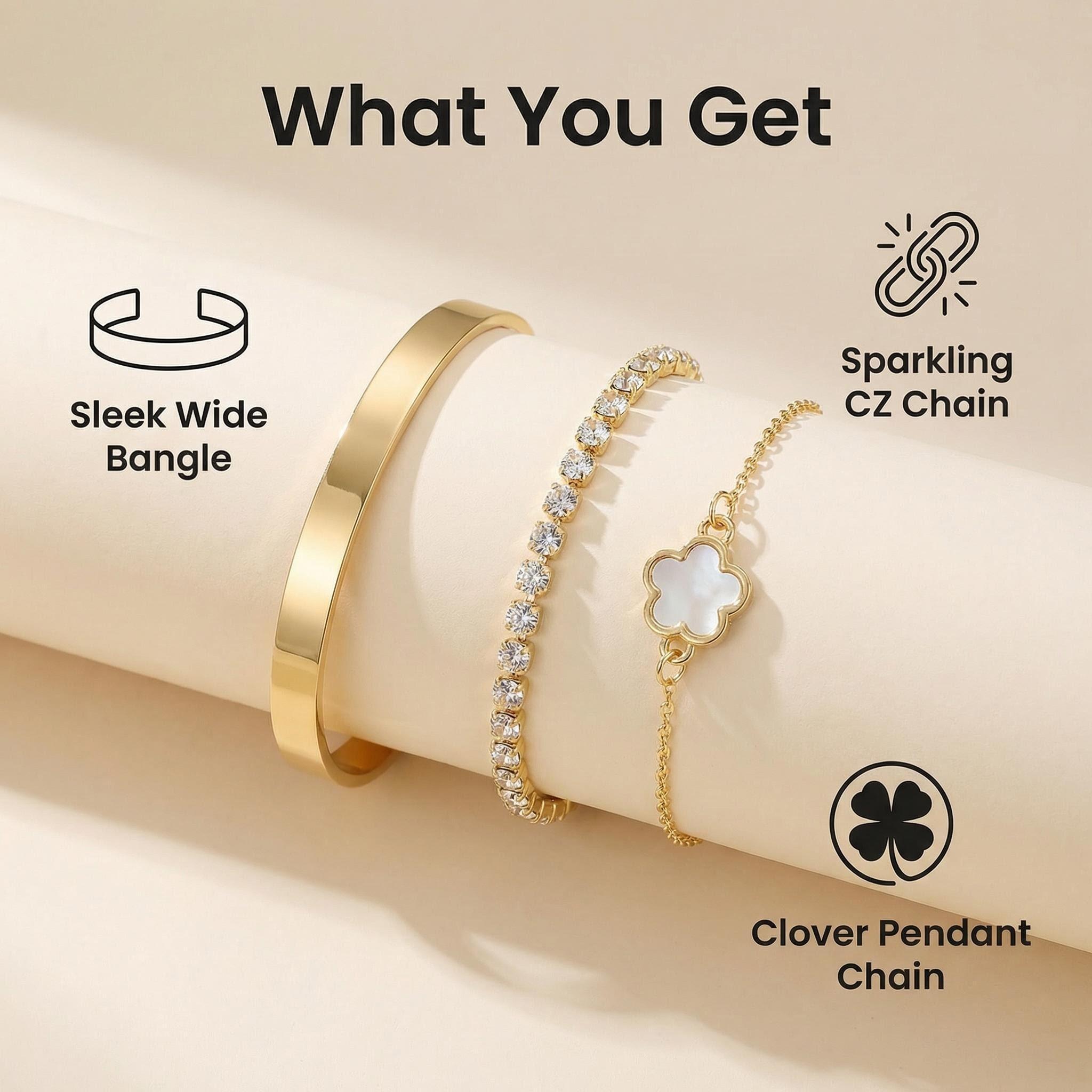 three-piece set Gold Multi Chain Bracelet Set Luxury Stackable Bracelets with Shiny Wide Metal Chain Rhinestone Thin Chain and Five Leaf Clover Pendant for Women Five Leaf Clover Gold Bracelet  Stackable Gold Bracelet for Women