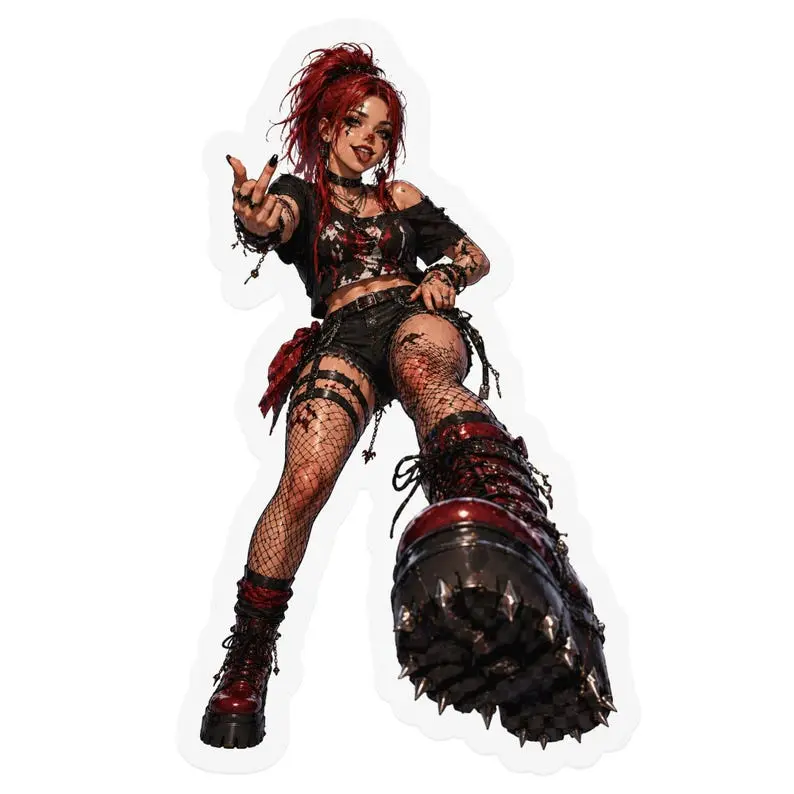 Spiked Boot Goth Girl Sticker, Punk Rebel Alt Aesthetic, Red Hair Emo Grunge E Girl Decal for Waterproof Sticker for Water Bottle, Laptop, Fan Gift