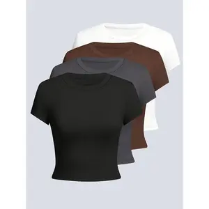 4-Pack Women's Slim Fit Short Sleeve T-Shirts - Solid Color Crop Tops, Round Neck, Elastic Breathable Polyester Blend, for Summer Casual Wear (Black, White, Brown, Gray), Casual Summer Tops |     Minimalist style Fabric Womenswear(Sports & Outdoor)
