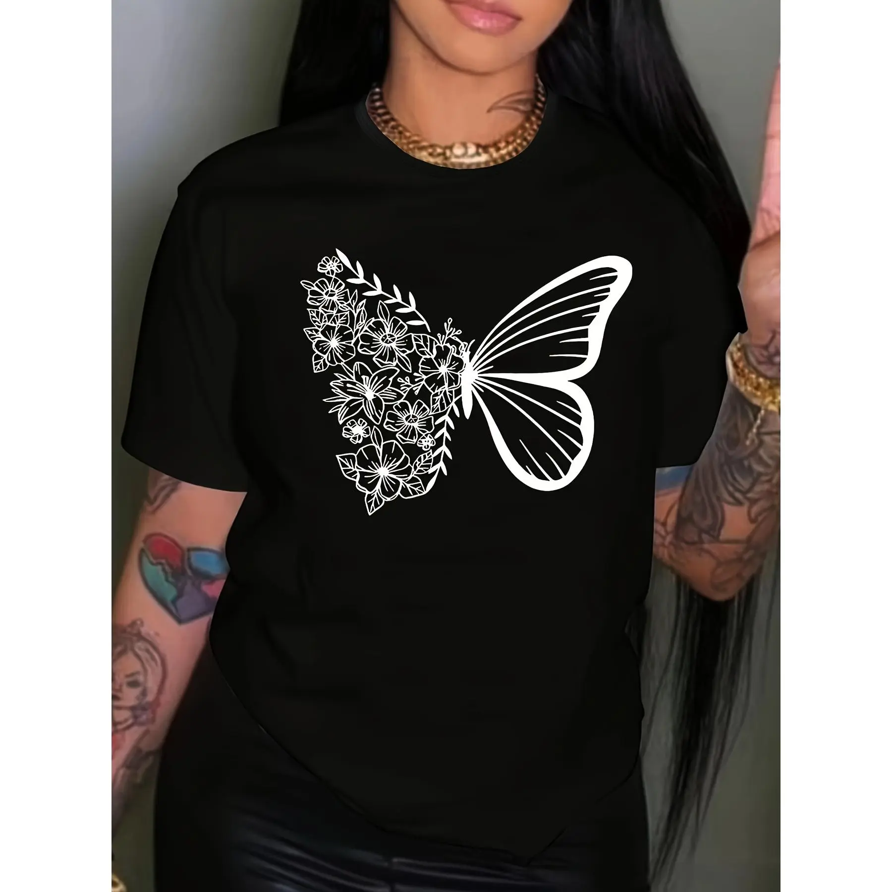 Women's Plus Size Casual T-Shirt with Butterfly Print - Relaxed-Fit Short Sleeve Top in Soft, Lightweight Polyester Knit, Tshirt, Essential, Feminine