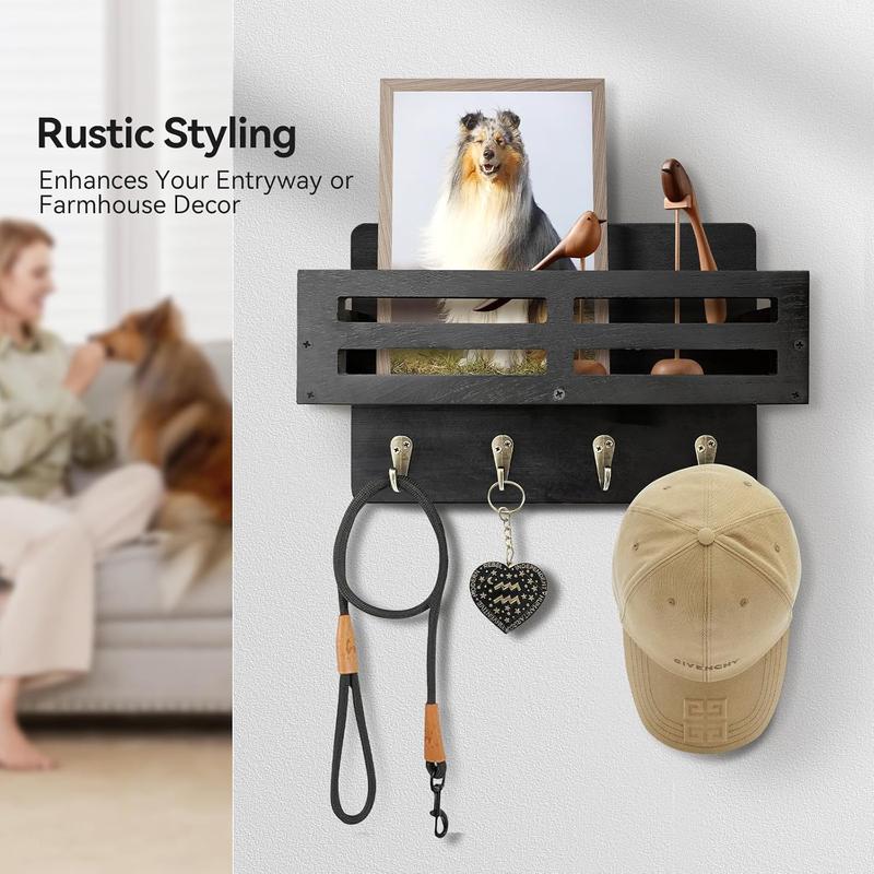 Key Holder Wall Mount, 10 inch Decorative Key and Mail Holder for Wall, with Mail Organizer & 4 Key Hooks, Rustic Wooden Key Rack for Hanging Dog Leash Sunglasses, Entryway Key Hanger, Black