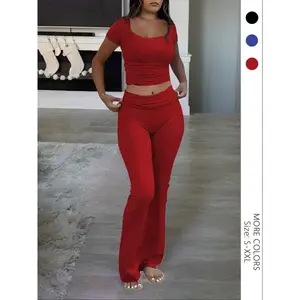 Women's Solid Color Tee & Flare Leg Pants Two-piece Set, Casual Fashion Cozy Two Piece Outfits for Daily Outdoor Wear, Women Clothes for Summer(Sheet)