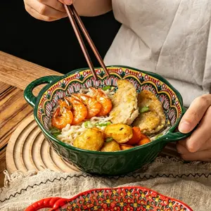 Boho Ceramic Bowl with Dual Handles, 33.8 Oz Salad Bowl, Large Serving Dish, Soup, Stew, Pasta, Cereal, Colorful Embossed Design, Ceramic Salad Bowls