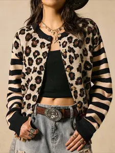 Women's Leopard Print Knit Cardigan, Long Sleeve Fitted Y2K Style, Casual Round Neck Top for All Seasons, Essential Daily Wear Knitwear