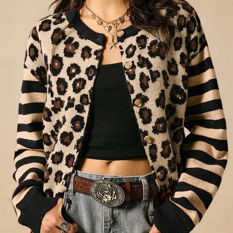 Women's Leopard Print Knit Cardigan, Womenswear, Knitwear, Knitting, Long Sleeve Fitted Top, Y2K Style, All Seasons, Casual Fashion, Perfect for Fall & Winter, Trend, Fitted Sweater Tops, Cardigan Sweaters