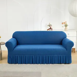 Klein Blue Linen-Style Elastic Sofa Cover with Skirt, Solid Color Sofa Protector, Pet-Proof, All Sizes