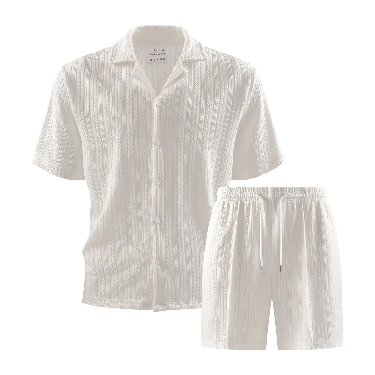 Men's 2-Piece Fitted Collared Neck Shortsleeve Shirt & Shorts Set - Menswear, Polyester Casual Textured Button-Up Outfit for Summer Holiday, Basics, Machine/Cold Washable Clothing Set