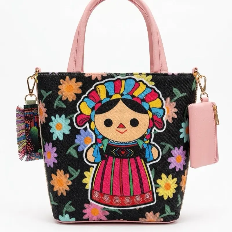 Yute Handbags - Colorful Cartoon Design with Orange Handles and Matching Keychain