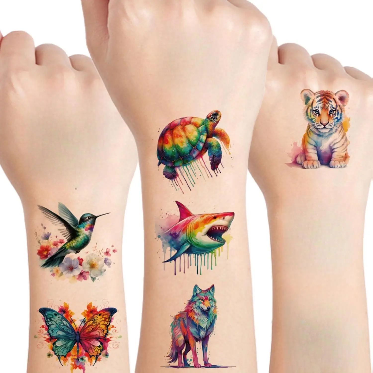 Watercolor Animal Temporary Tattoos for Kids, 60+ Long-Lasting & Waterproof Designs, 10 Sheets of Hypoallergenic Body Art Stickers for Parties, Tattoo Art