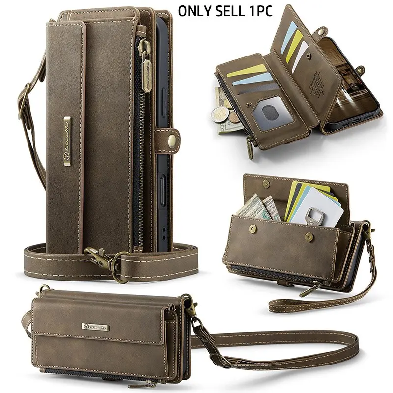 Multifunctional Durable Protective Leather Smartphone Case Cover Mobile Phone Casing with Long Strap & Short Hand Strap, Multi Card Slot Zipper Bag Wallet Pocket, Magnetic Suction Shoulder Bag for iPhone Cellphone Casing