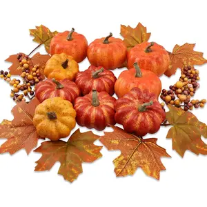 16PCS Realistic Mini Artificial Pumpkins Fall Decor for Home Indoor Outdoor Table Centerpieces for Thanksgiving Halloween Party with Berries Maple Leaf Autumn Fillers