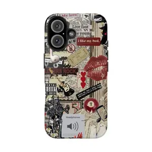 Red Lips & 8Ball Grunge Tough Phone Case for iPhone 11, 12, 13, 14, 15, 16, 17 Pro Max Plus. Dark Academia Skeleton Rock Vibe Music Collage Case with Skeleton Love Design.